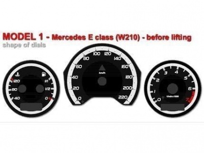 Mercedes W210 E class 1995-1999 светящиеся шкалы приборов - накладки на циферблаты панели приборов, дизайн № 2